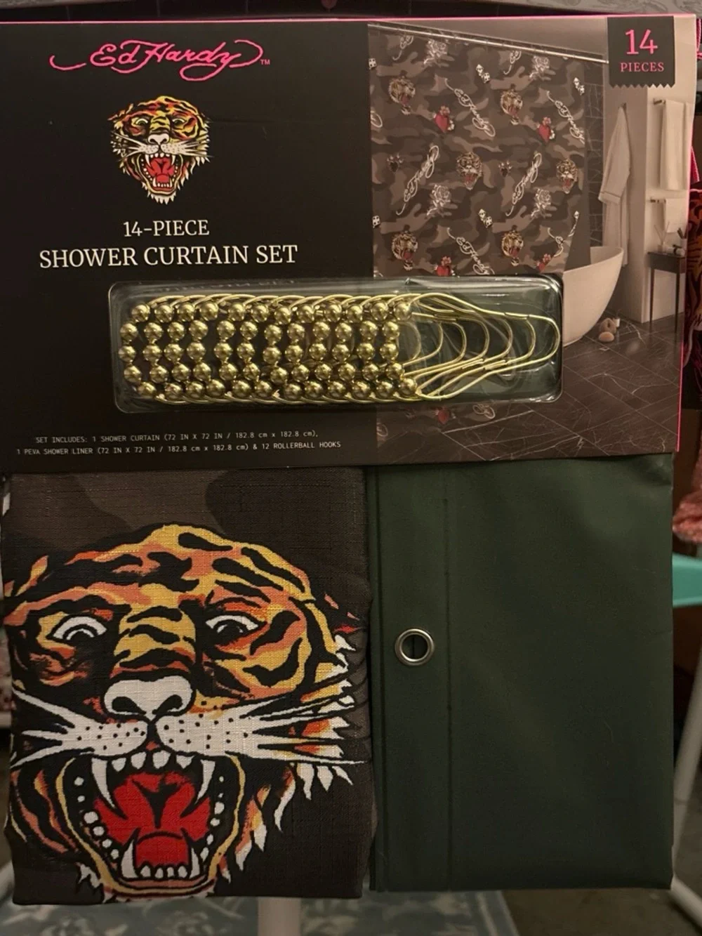 Ed Hardy Green & Multicolor Tiger Shower Curtain Set